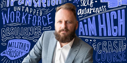 Portrait image of Jimmy Kerr infront of a graphical cloud of words