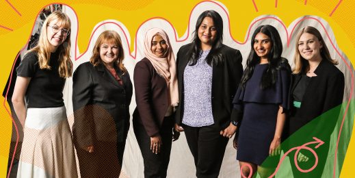 Seven adult females standing infront of a graphical background