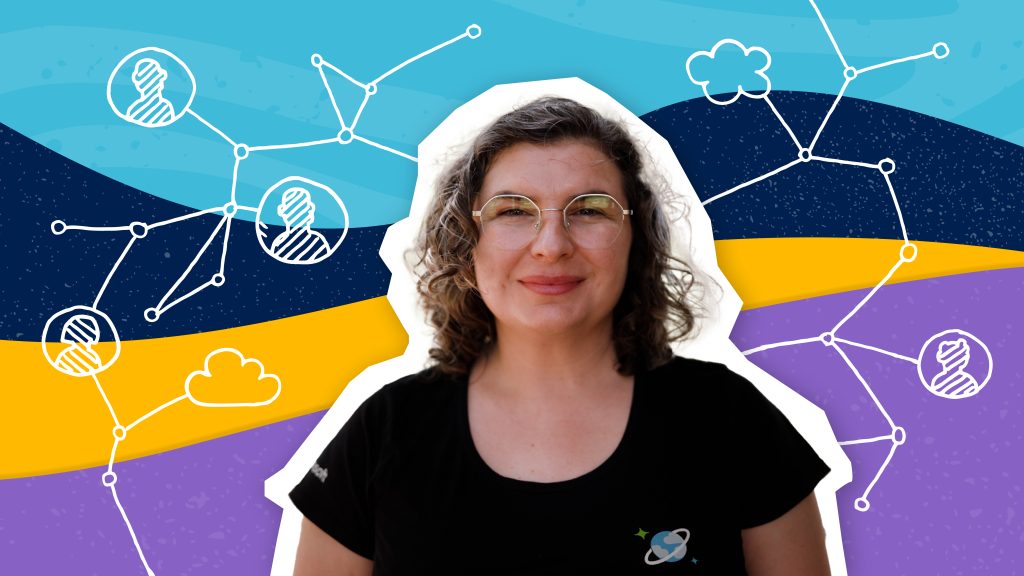 Image of Daniella Mathews infront of a graphical background with drawing designs