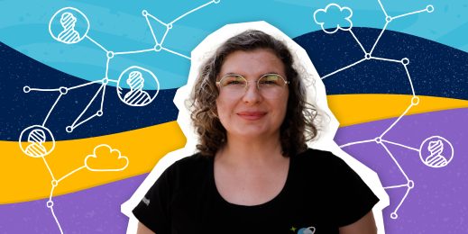 Image of Daniella Mathews infront of a graphical background with drawing designs