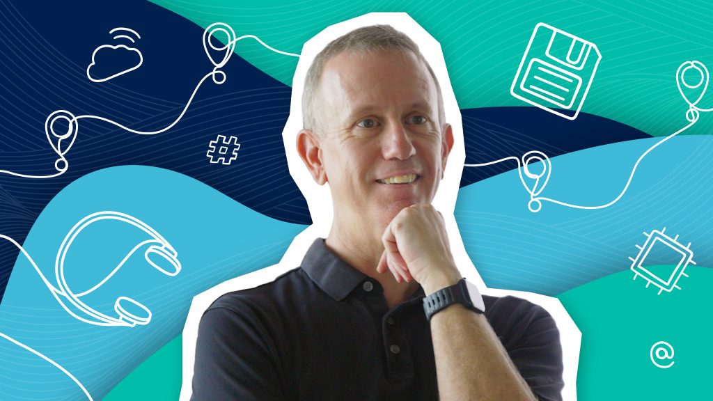 Portrait image of Jeff Alexander infront of graphical design with tech illustrations