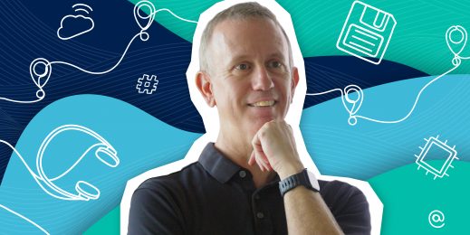 Portrait image of Jeff Alexander infront of graphical design with tech illustrations