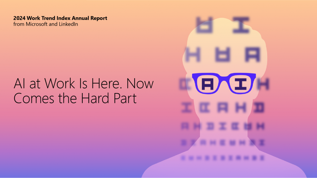 Image with title of report - AI at work is here, now comes the hard part. Imagery of head outline with text overlay
