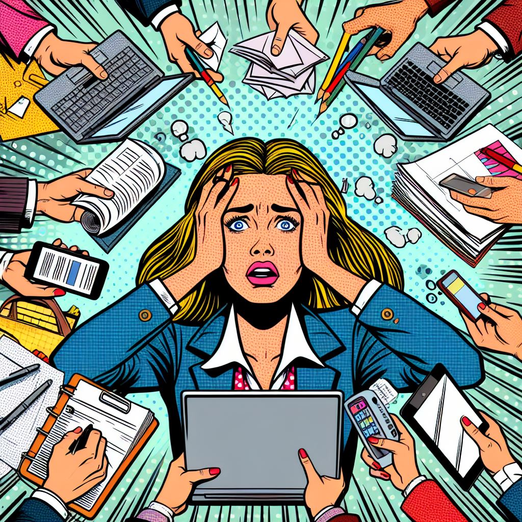 Illustration of a woman looking panicked as several items are handed to her