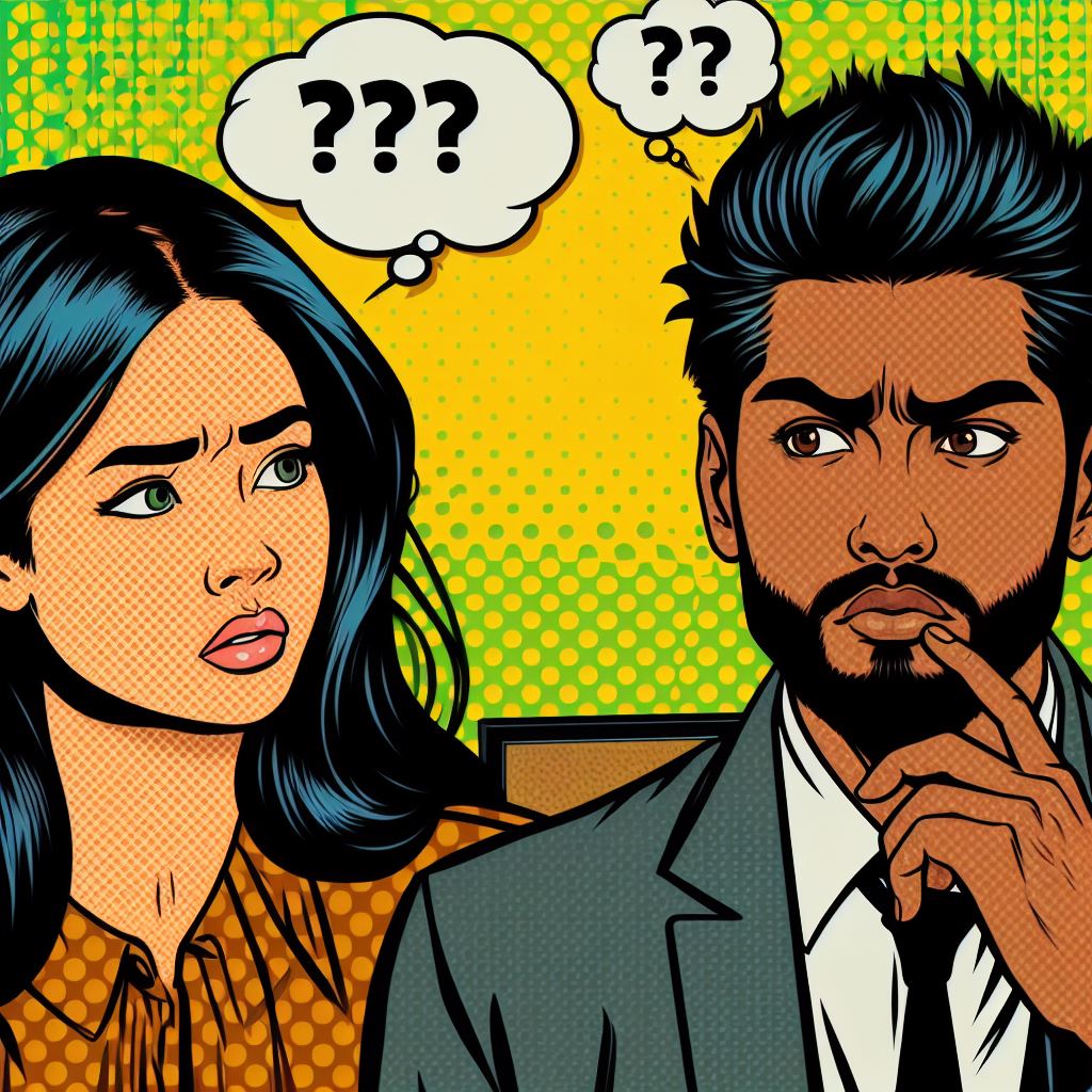 Illustration of two people with question mark bubbles next to their face