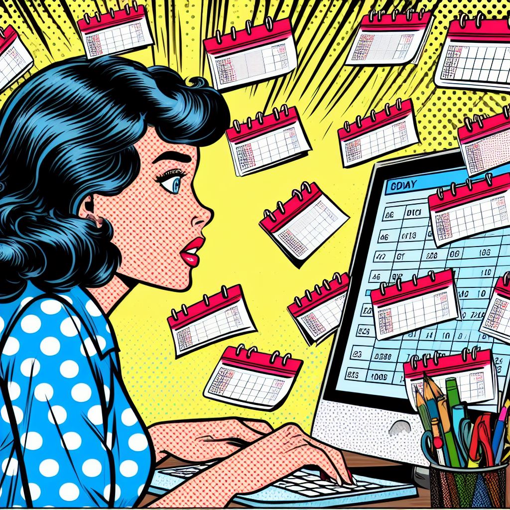 Illustration of a woman looking at a calendar on her computer. There are several physical calendars flying around the room