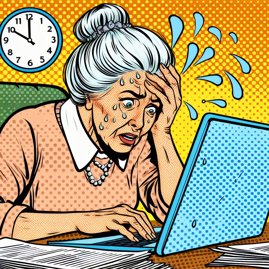 Illustration of a woman looking worried as she works on a laptop