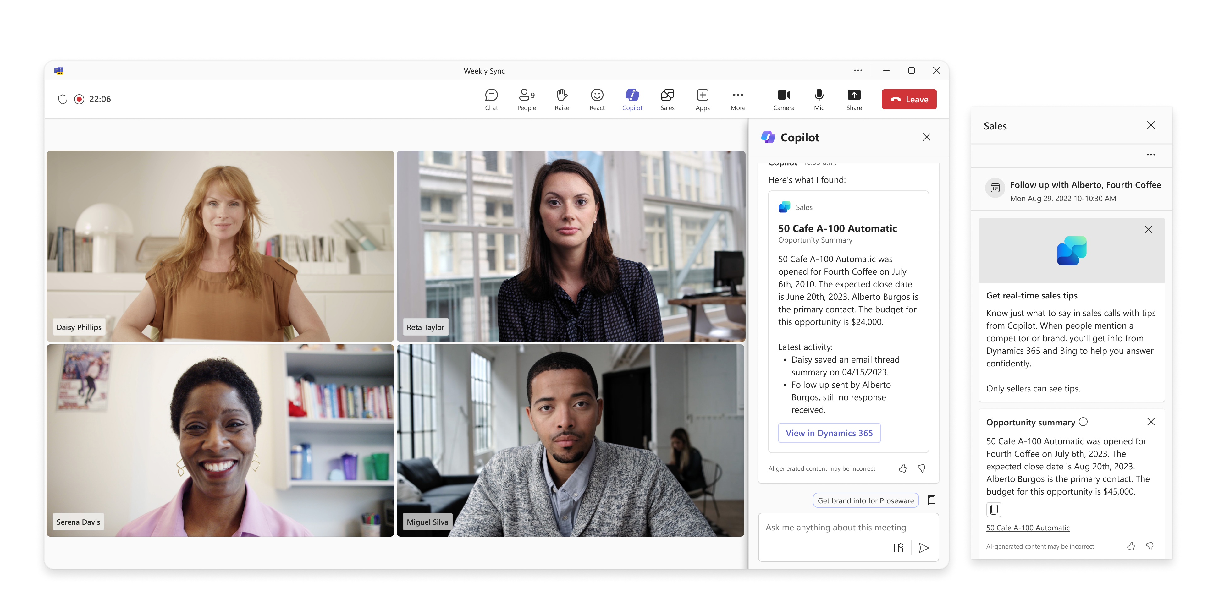 An active Microsoft Teams call with 4 people to discuss a sales opportunity. Copilot for Sales shows a summary of the opportunity and can surface tips like information about a competitor if mentioned on the call.