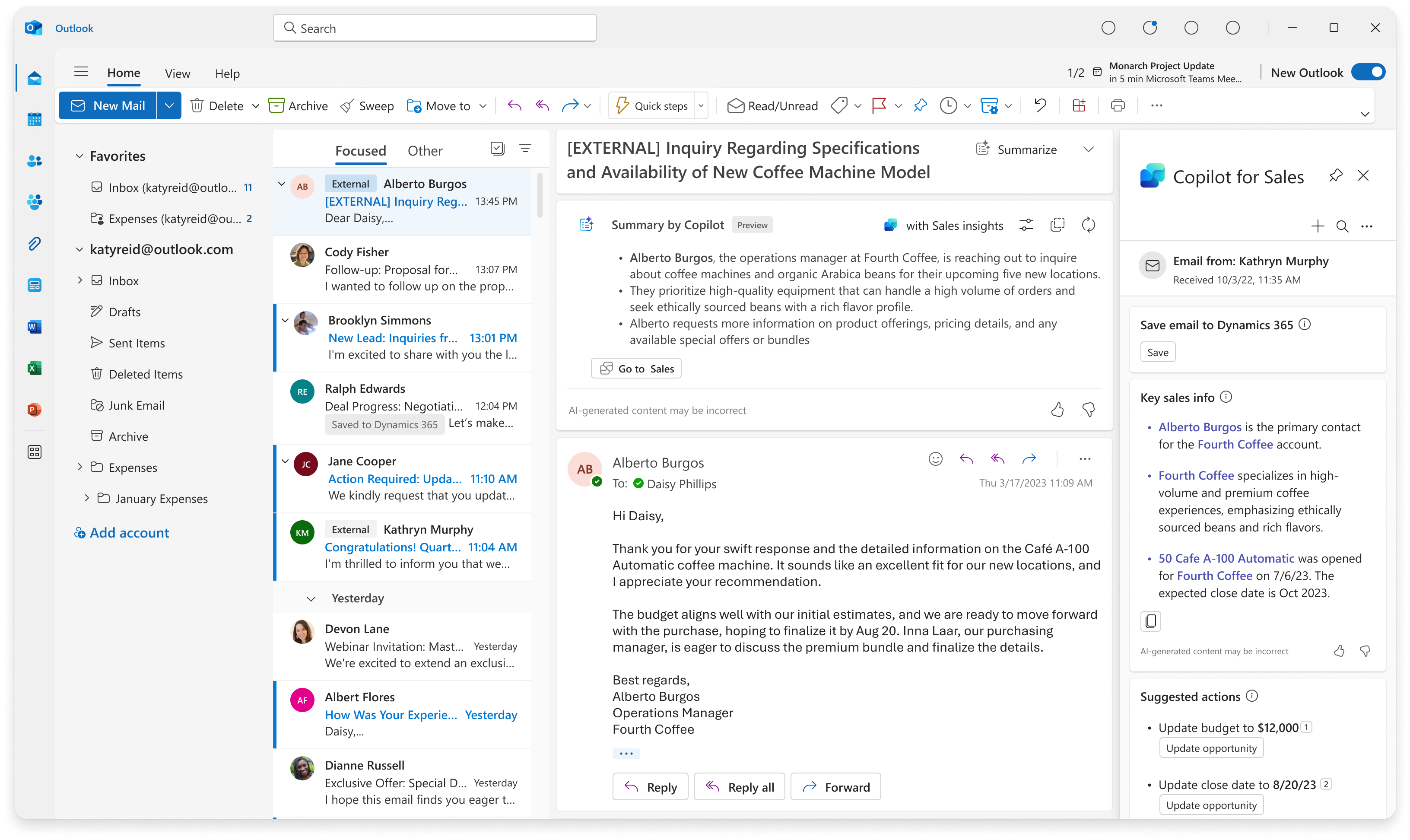 An e-mail opened in Microsoft Outlook that shows a summary of the e-mail using Copilot for Sales, with the ability to save the e-mail to your CRM, review key sales info, and suggested actions.