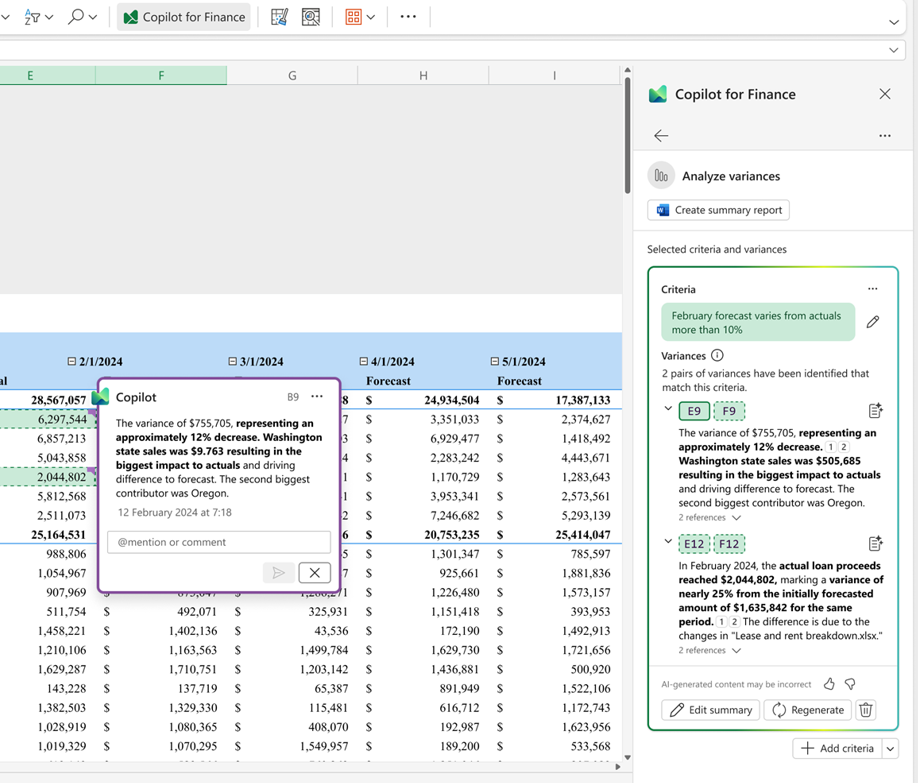 A Microsoft Excel spreadsheet that has cells highlighted with a summary generated by Copilot for Finance that describes the potential reasons behind the variance.