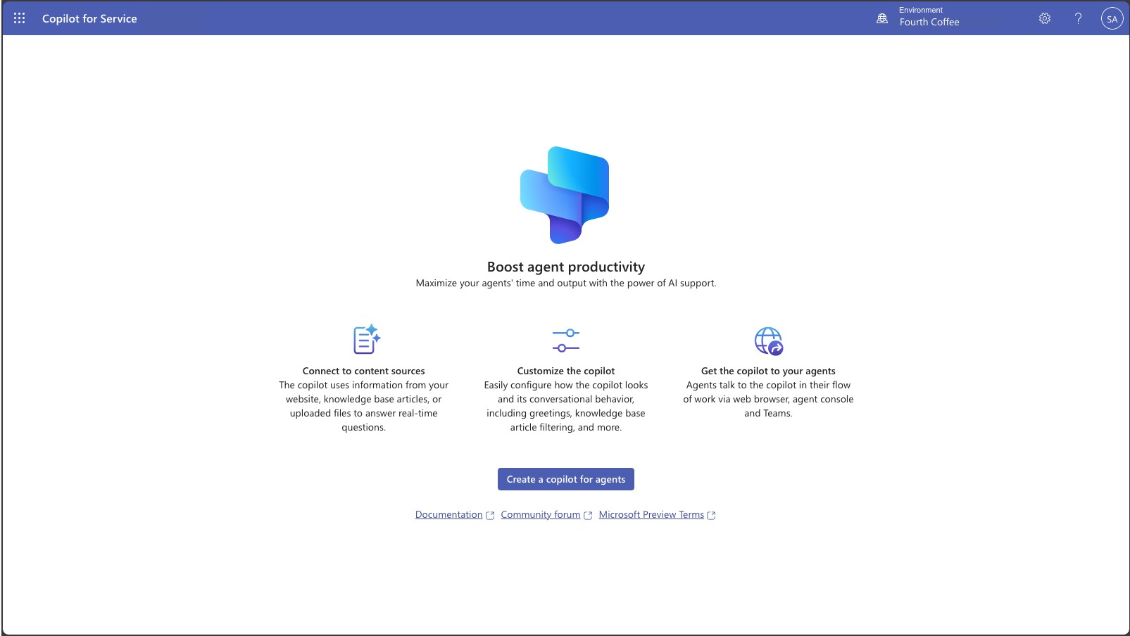 The Copilot for Service portal landing page with prompts and resources for connecting to knowledge sources, customizing and configuring copilots, and deploying copilots to agents.