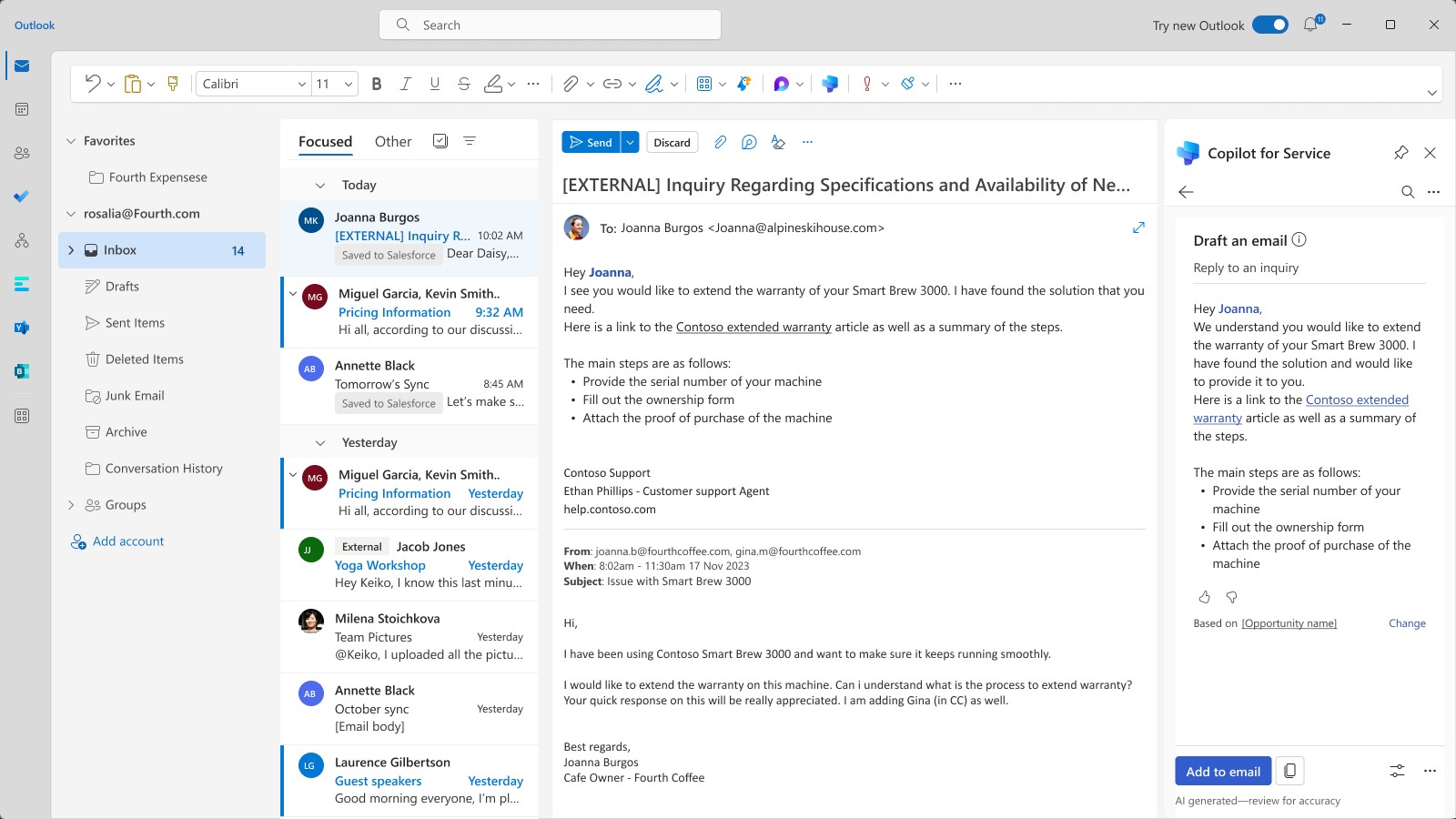 An email opened in Microsoft Outlook with Copilot providing a draft customer response containing knowledge on the process for extending a warranty.