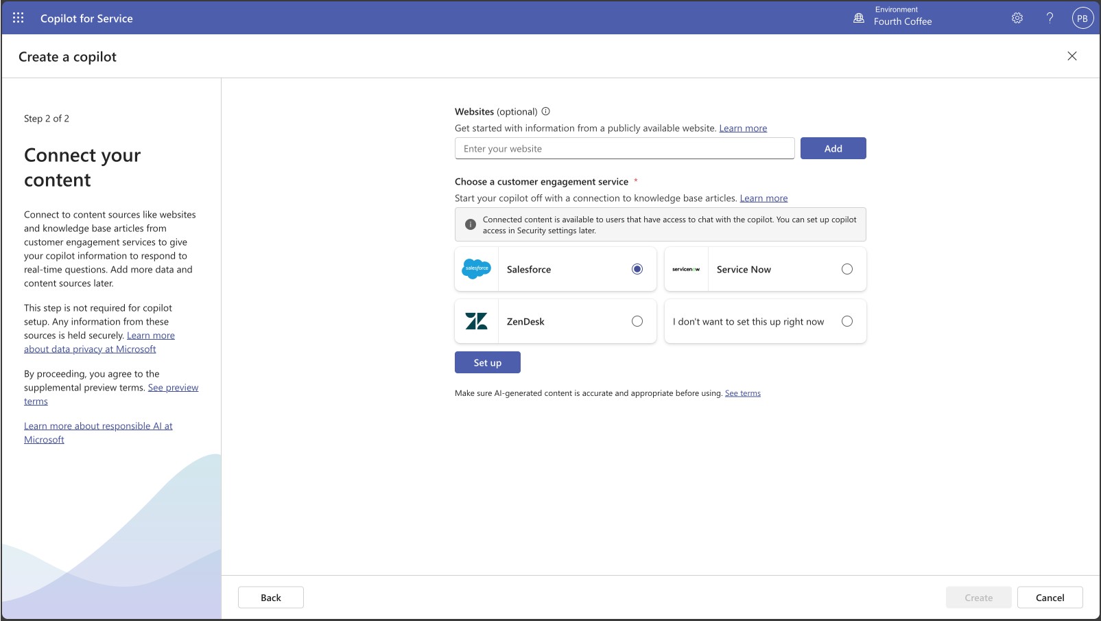 A view of pre-built integrations for Salesforce, ServiceNow, and Zendesk in the Copilot for Service admin portal.