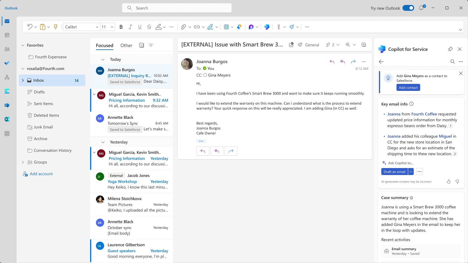 An email opened in Microsoft Outlook with Copilot providing the ability to add a contact to a customer record in Salesforce.