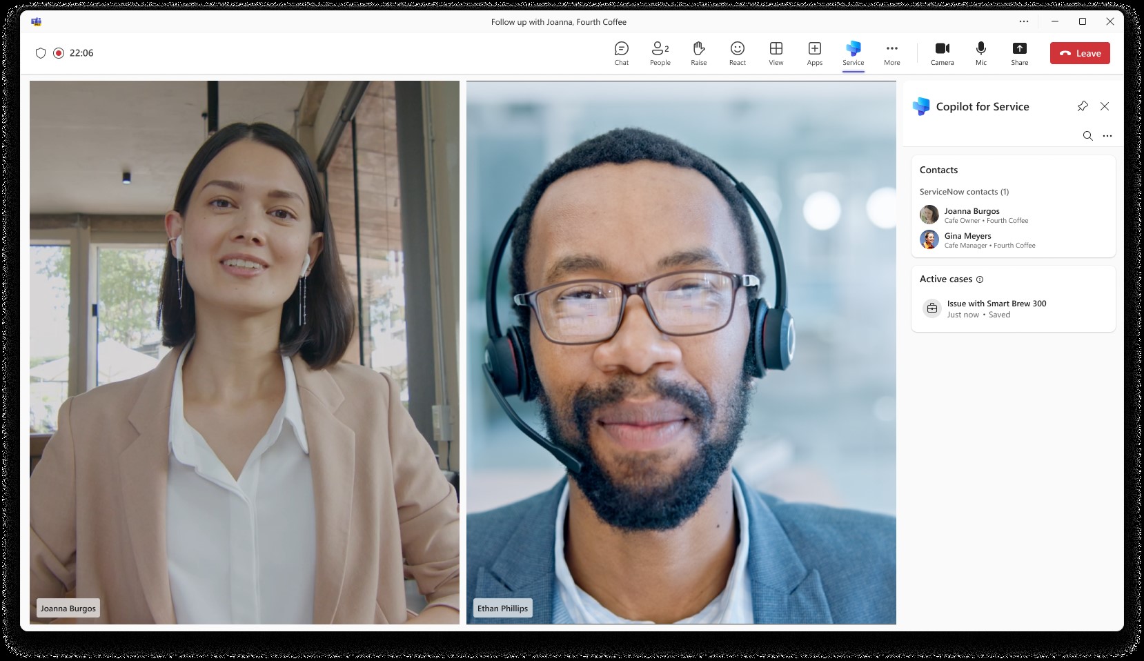 A view of a Teams call between an agent and customer with Copilot providing insight into active cases.