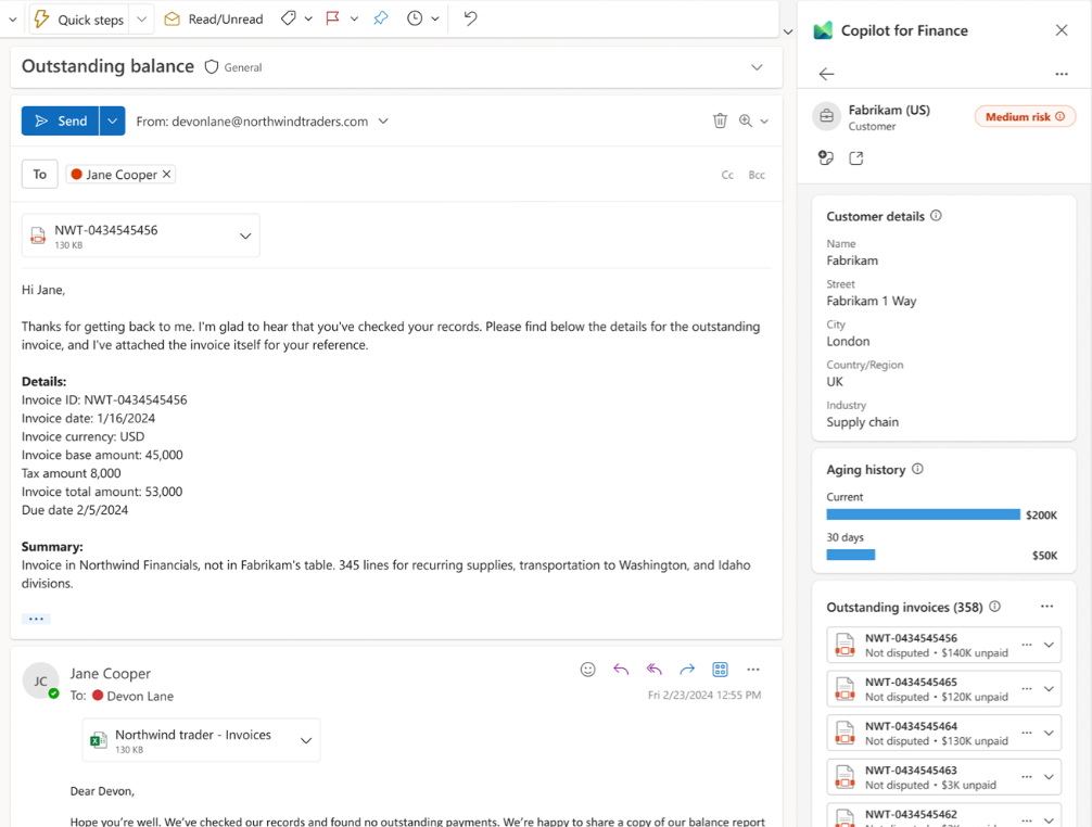 An email opened in Microsoft Outlook that shows customer details like aging history and outstanding invoices pulled from company ERP records.