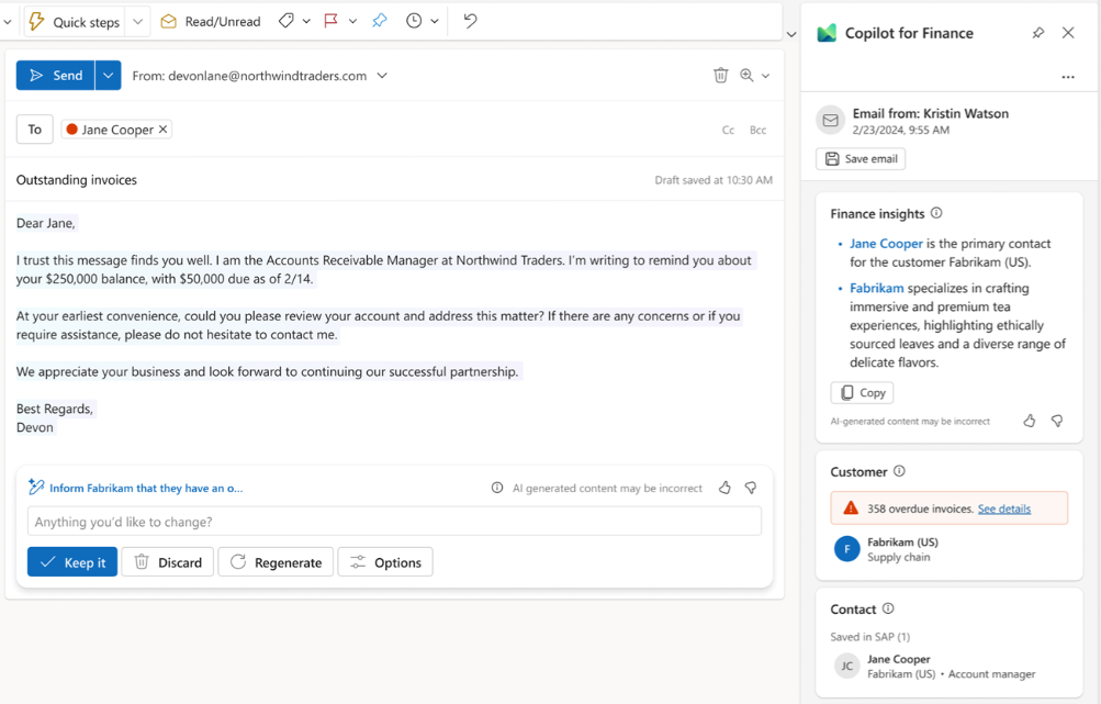 An email draft opened in Microsoft Outlook that shows Copilot-generated text and customer-related insights.