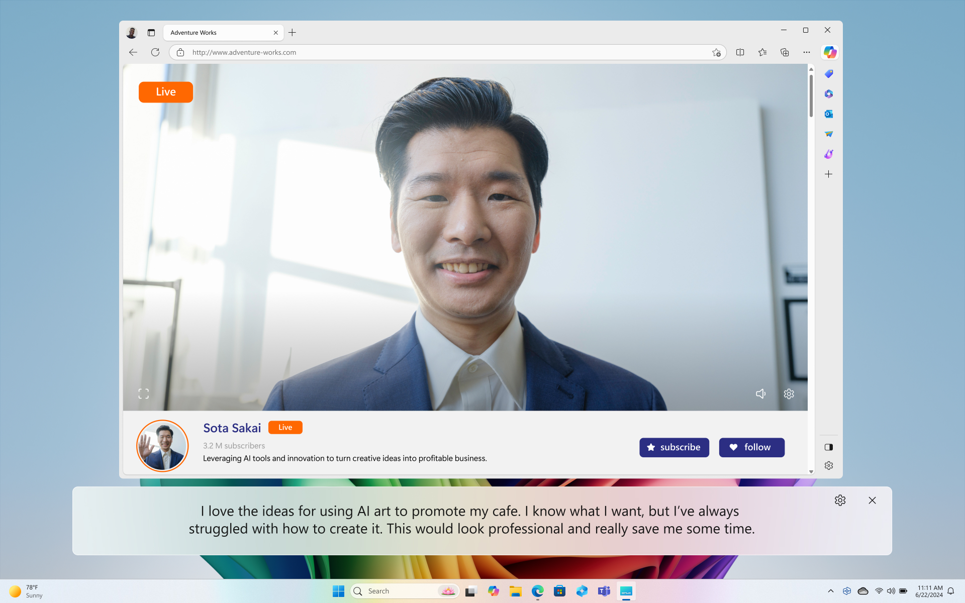 Still image of a live video in the center of the screen with a bubble underneath the video and above the taskbar that displays live captions.