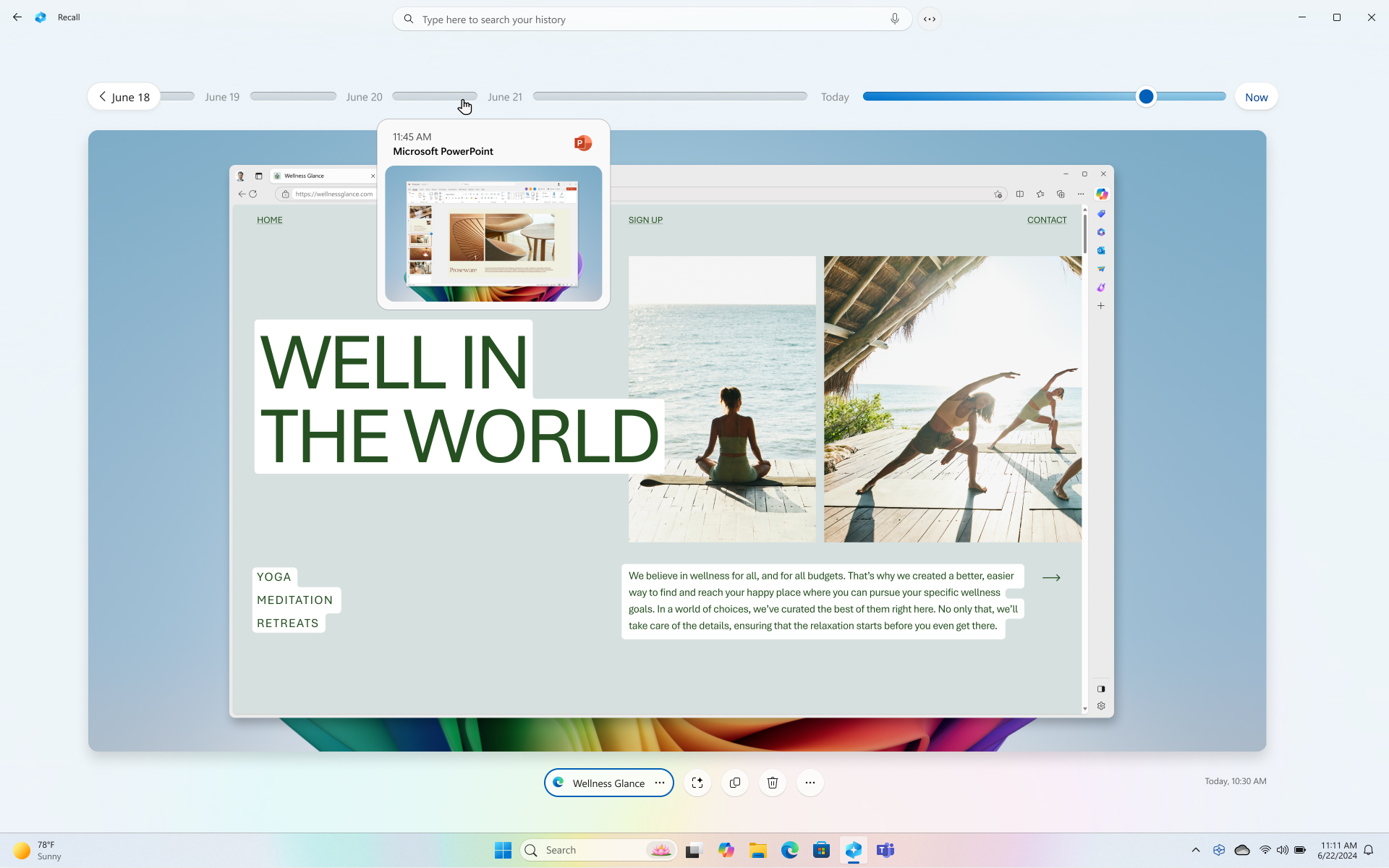 Angled front view of an open blue Surface Laptop facing the left with the Windows rainbow bloom image on the home screen.