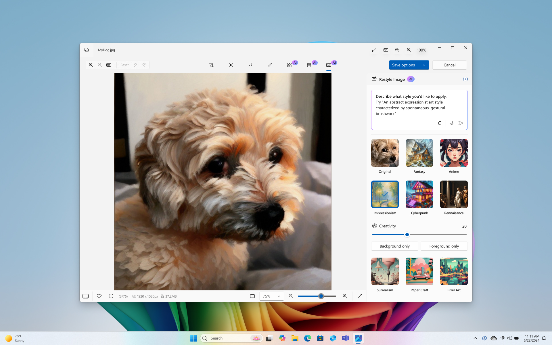 Windows home screen with the rainbow bloom image with the Photos app opened. Restyle Image is pulled up in the middle of the screen with a picture of a golden dog and a text box reading, "Describe what style you'd like to apply." The example text includes "An abstract expressionist art style, characterized by spontaneous, gestural brushwork."