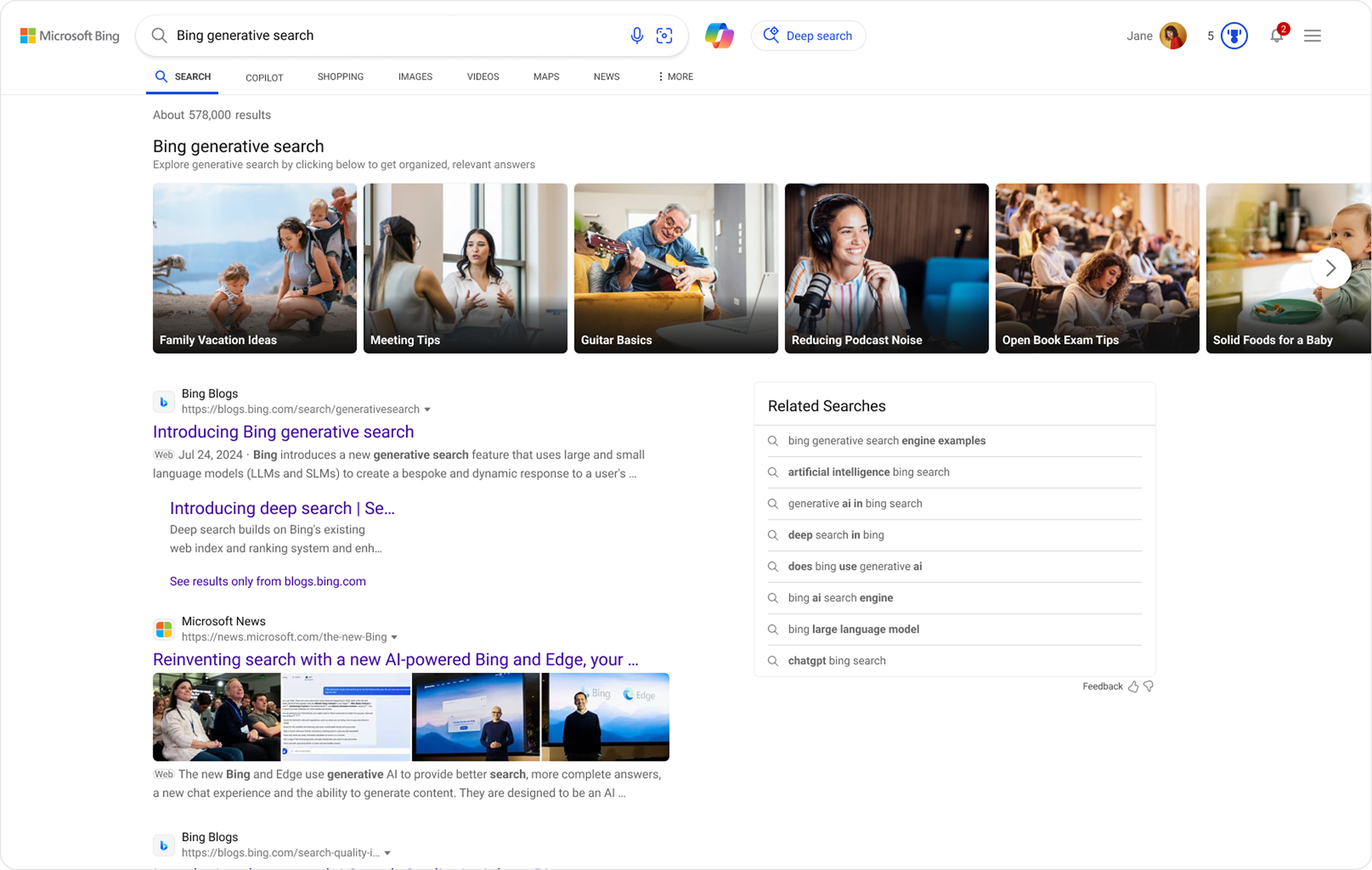 Microsoft Bing search page pulled up with search results for Bing generative search.