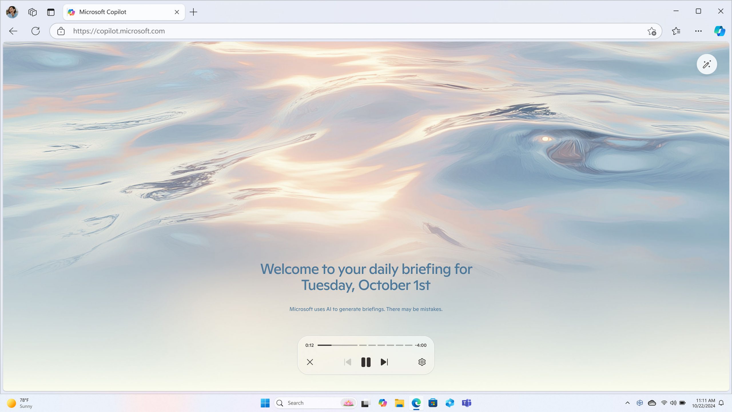 Microsoft Edge browsing window with Microsoft Copilot open playing a daily briefing for Tuesday, October 1st.
