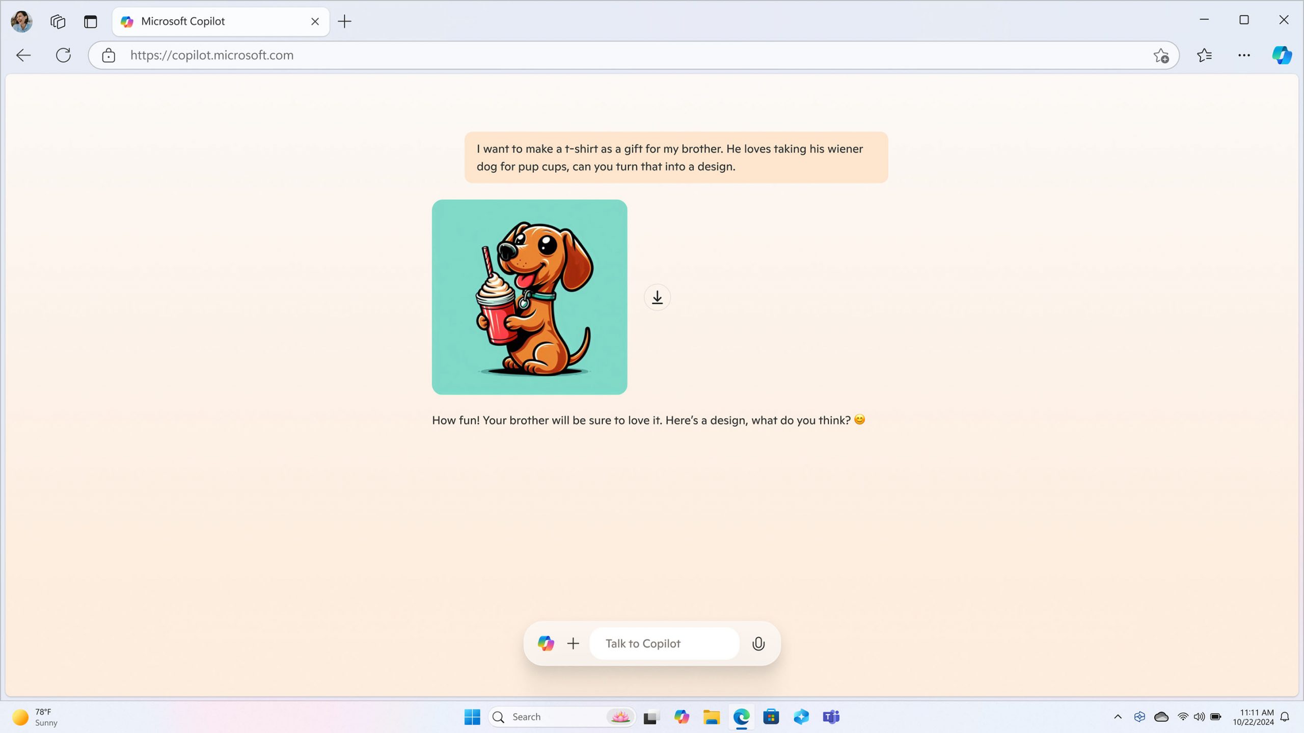 Microsoft Edge browsing window with Microsoft Copilot open and a chat box to talk to Copilot. User asked Copilot to design a t-shirt, Copilot produced a design based on the user description.