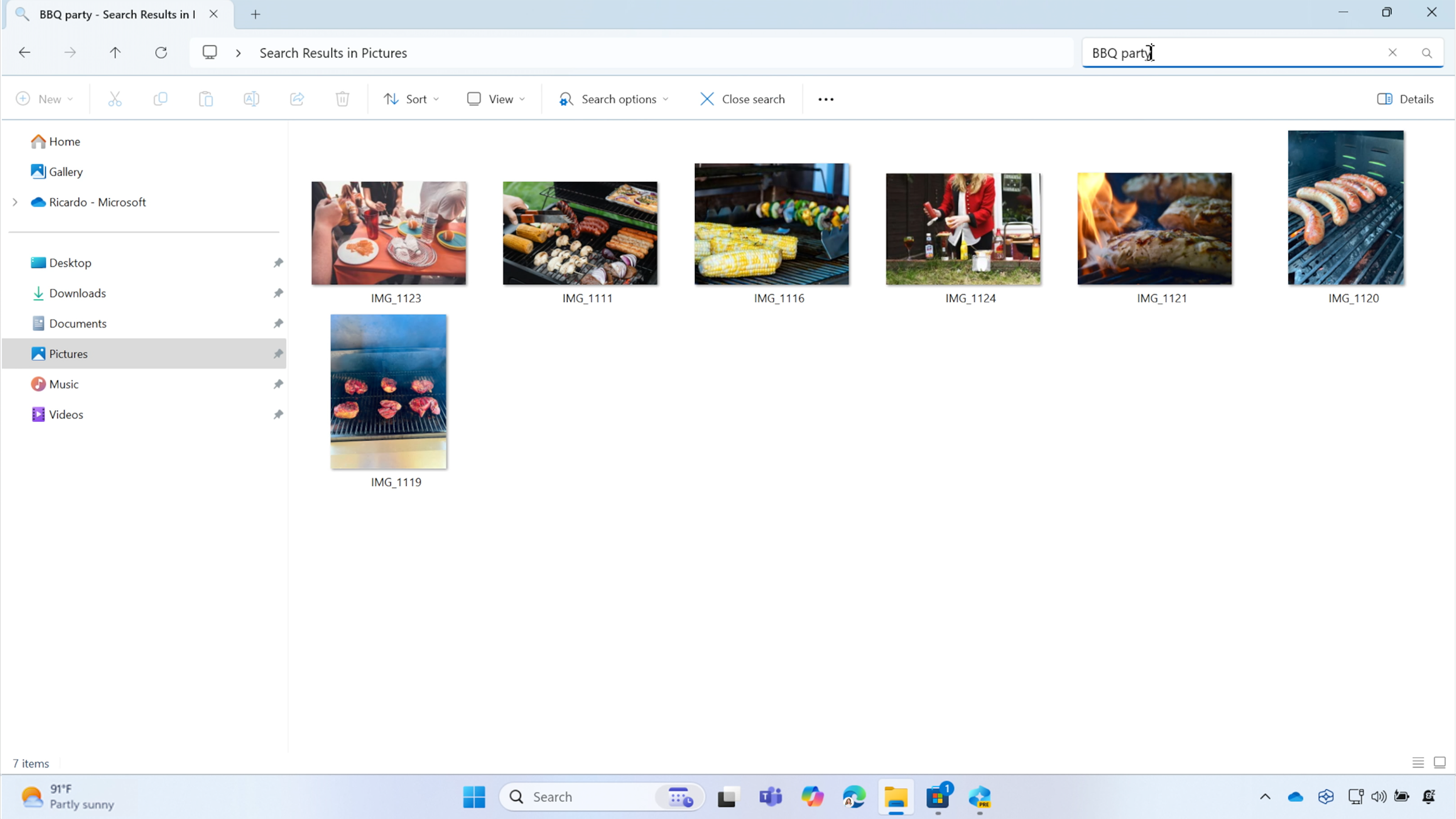 File Explorer open with the words "BBQ party" in the search tab. Search results display a row of barbecue pictures.