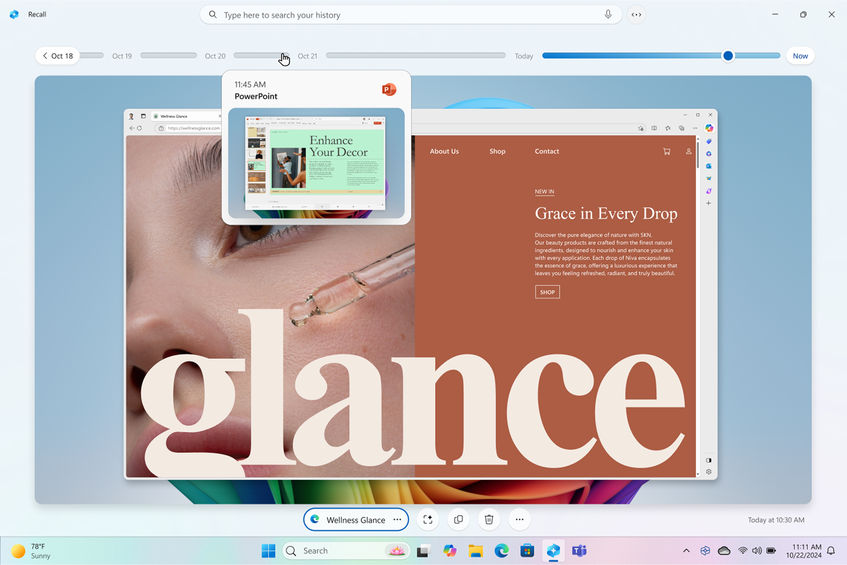 Recall window is open to the timeline page with a bar at the top that spans between October 18 and now. The timeline is selected on today with a large image being displayed. The curser is hovering over the timeline on October 20 and a preview image is being displayed.