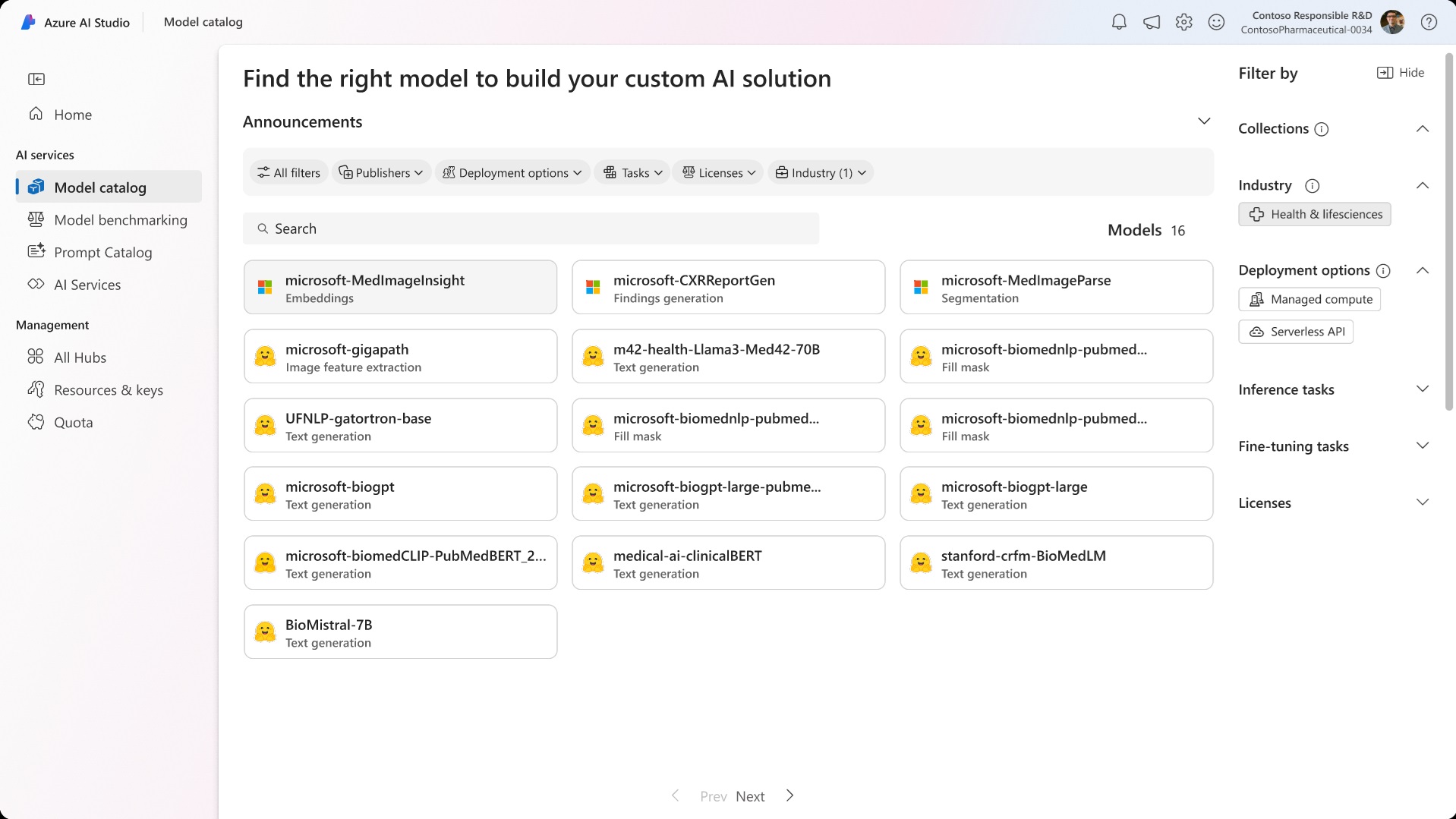 Healthcare AI models in Azure AI Studio