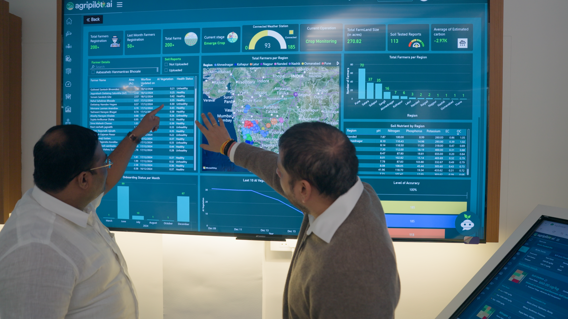 two men pointing at a blue screen that reflects a map and some data