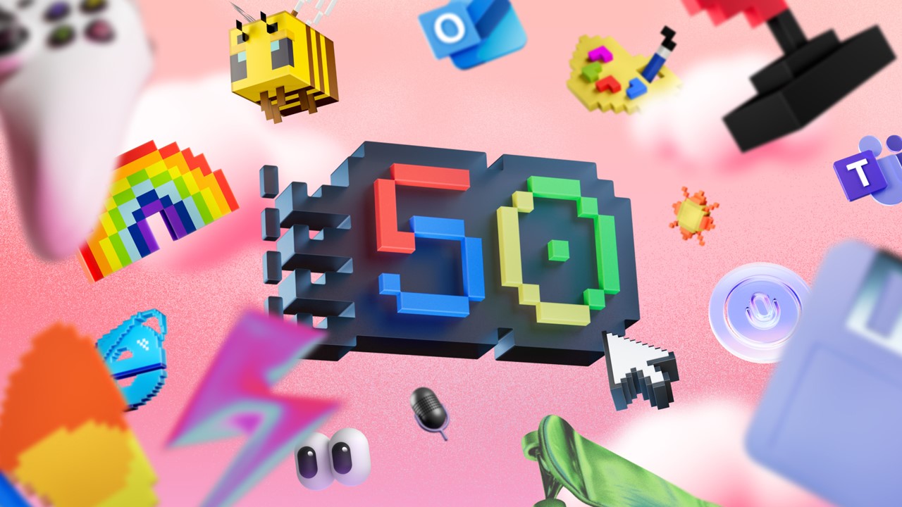 Ilustración con el número 50 con los colores de Microsoft, con íconos que representan diferentes productos de la empresa sobre un fondo degradado en tonos rojos