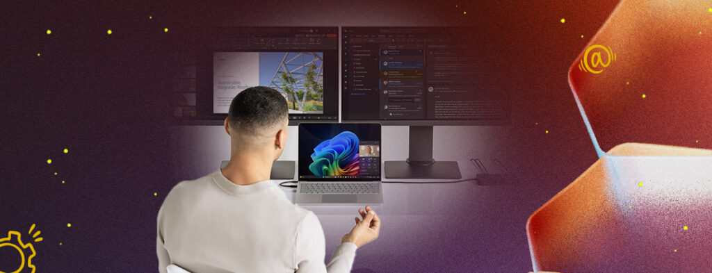 A man sits facing two monitors and a laptop making a recording; colorful background with shapes