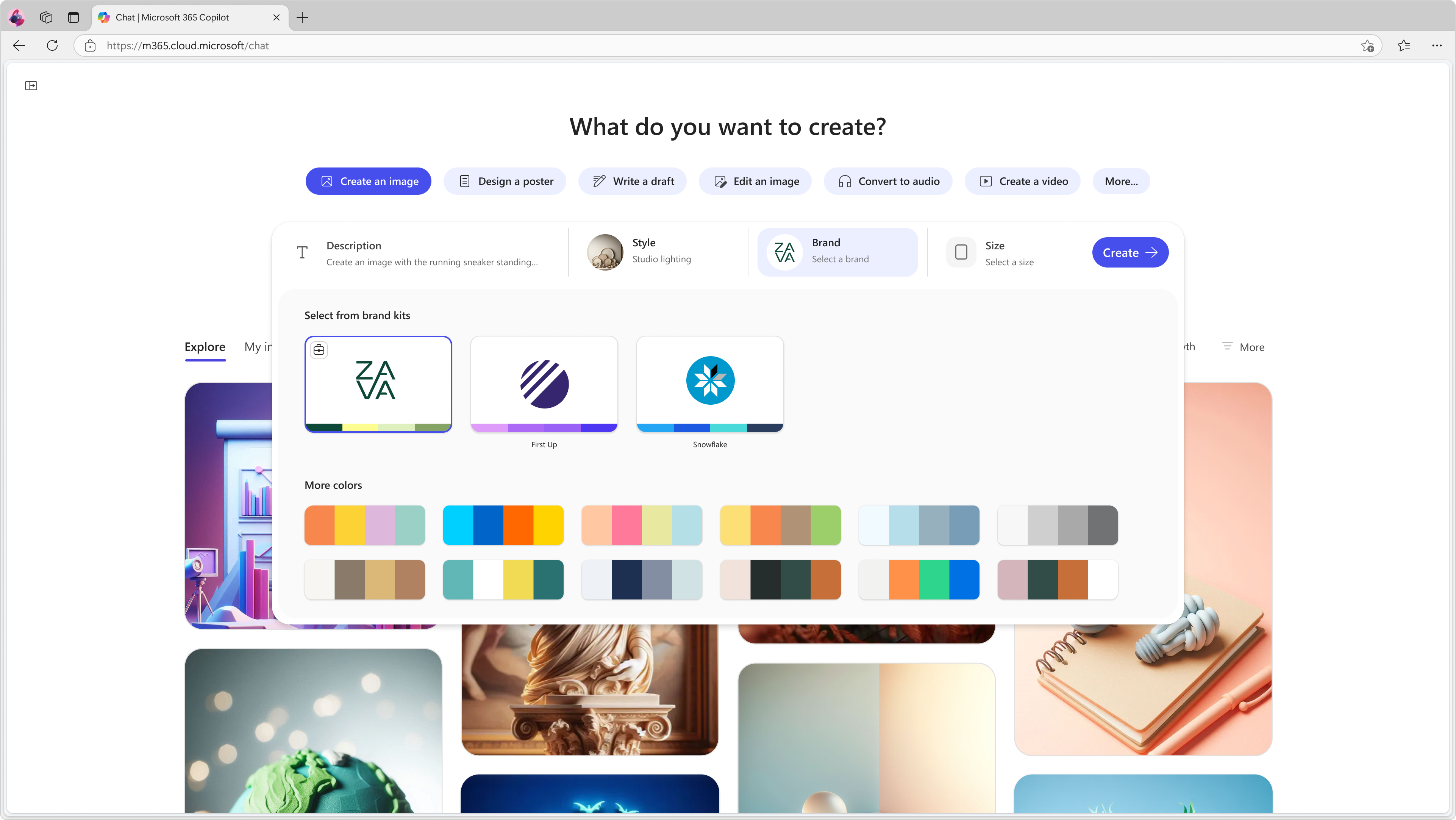 A webpage interface for creating designs is displayed. The top of the page has a question, "What do you want to create?" Below this, there are options such as "Create an image," "Design a poster," and more. In the center, there is a section with tabs labeled "Decoration," "Style," and "Brand." The selected tab shows various design elements like icons and color palettes. The bottom part of the screen displays different color swatches and design examples.