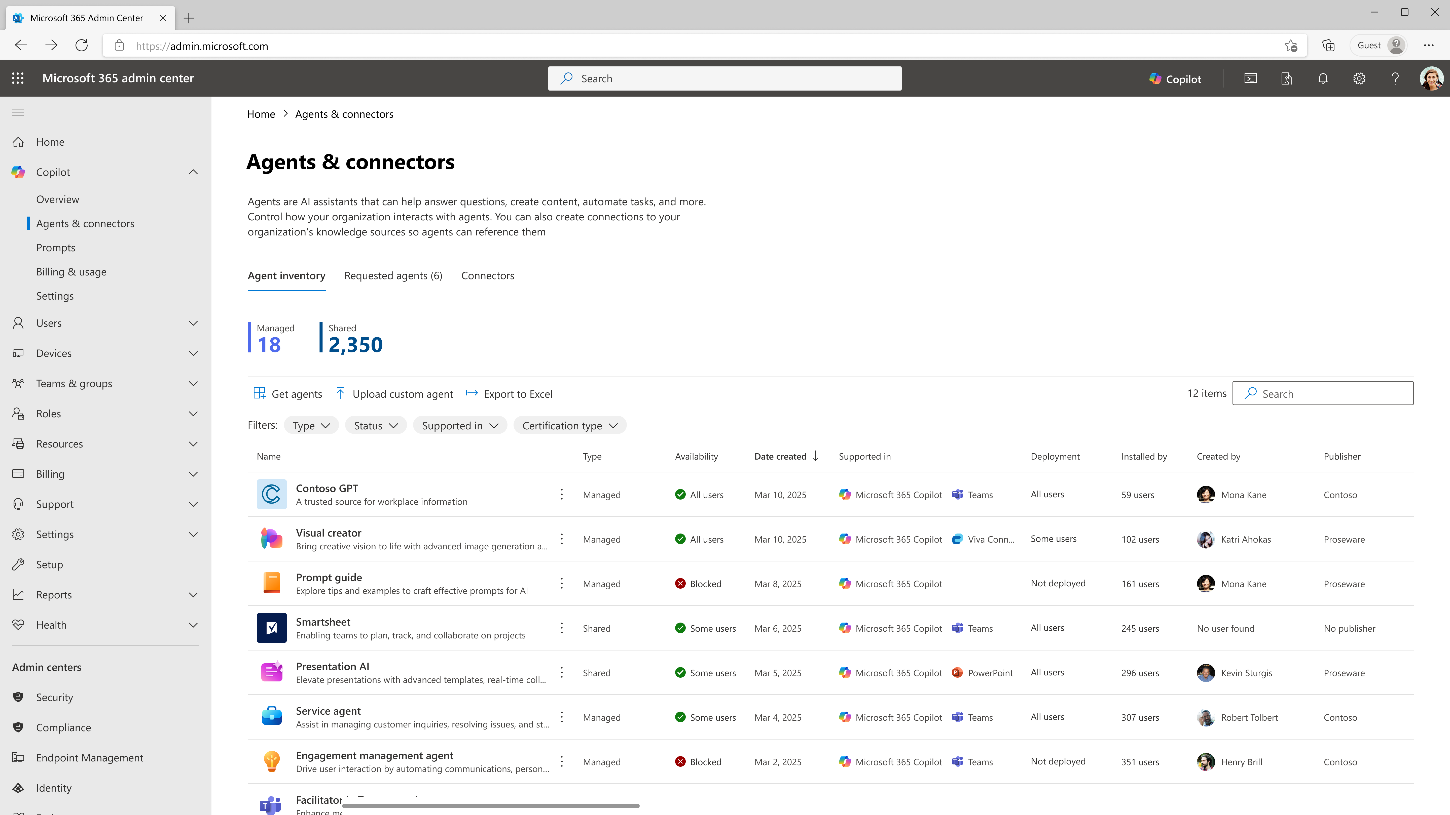Agents and Connectors dashboard within the Microsoft 365 Admin Center, showing various control options and settings.