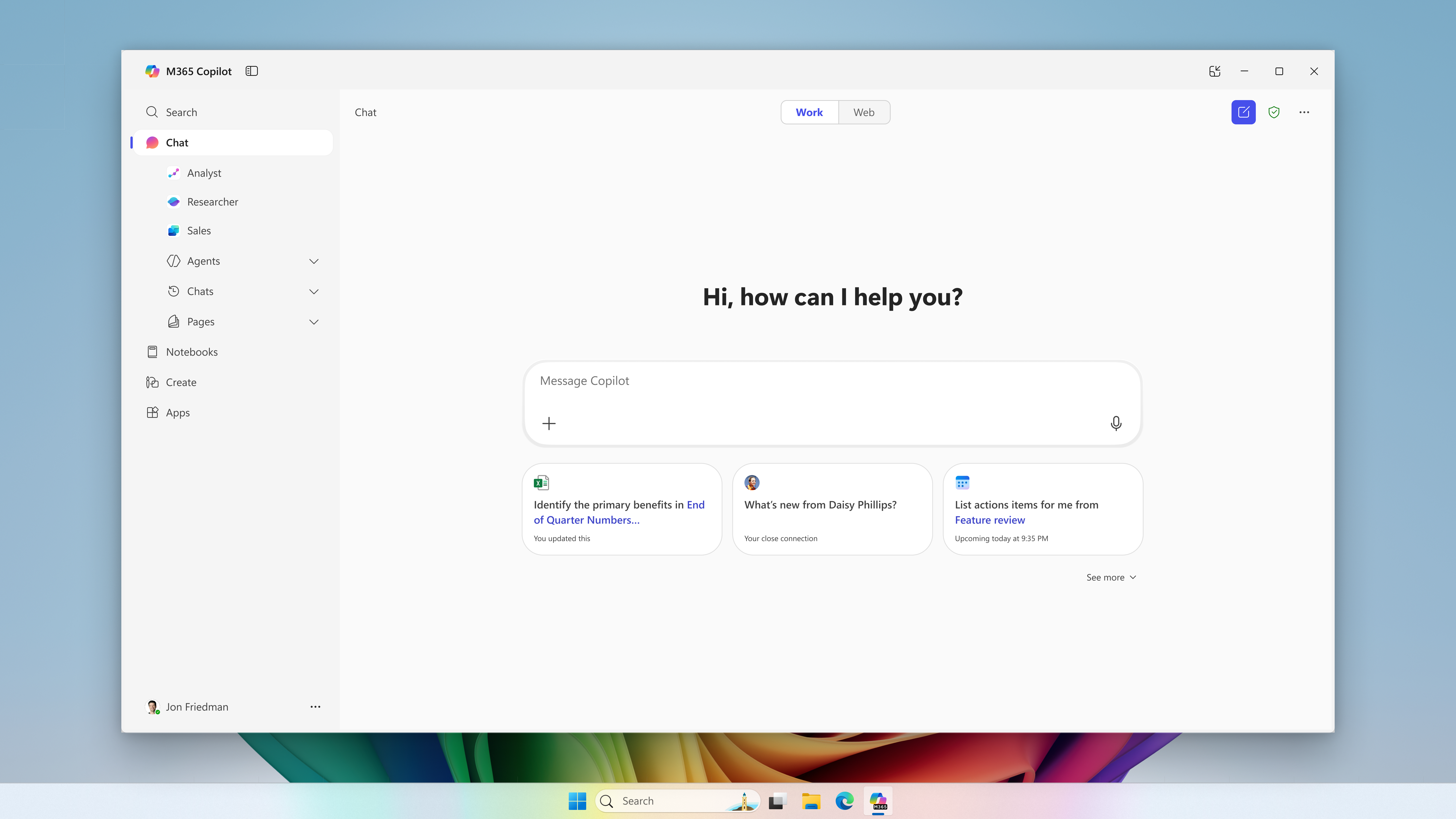 Copilot Chat interface within the M365 Copilot app, showing a conversation between a user and the Copilot assistant. The interface includes text input, response bubbles, and icons for attachments, and settings, emphasizing accessibility and ease of use.