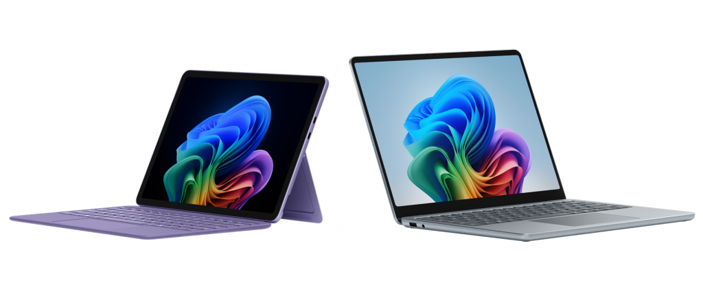 Front side of Violet Surface Pro 12-inch and Ocean Surface Laptop 13-inch with Windows screensaver