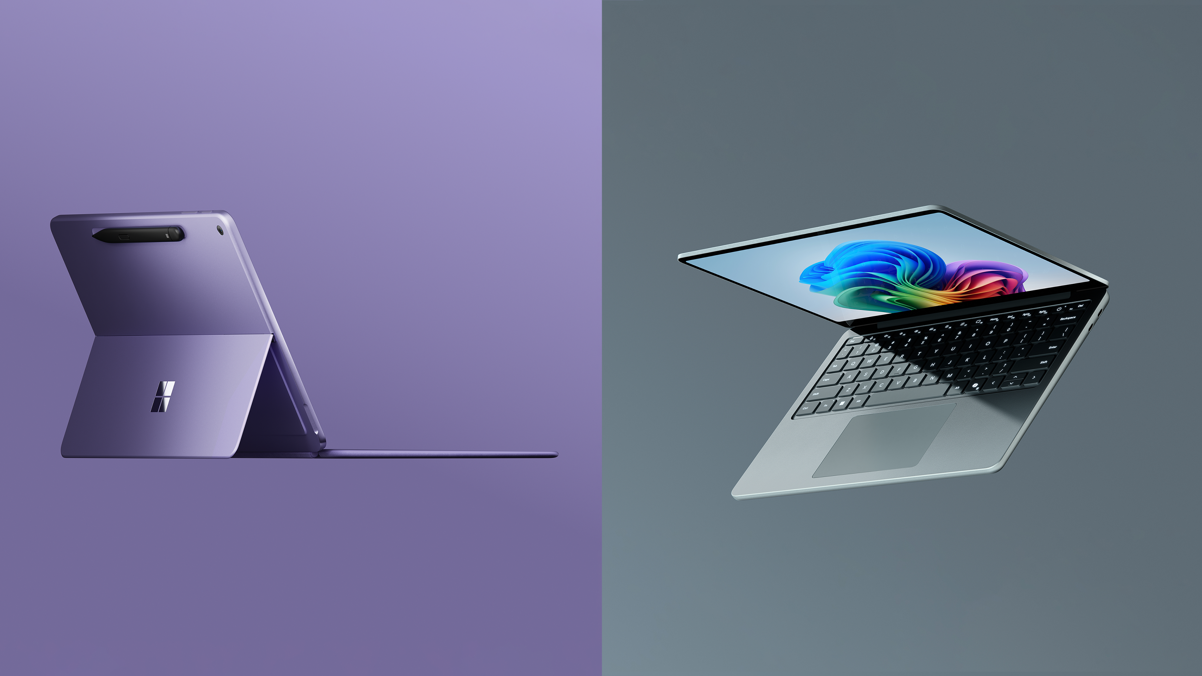 Back of Surface Pro 12-inch in Violet with pen and keyboard next to Surface Laptop in Ocean color