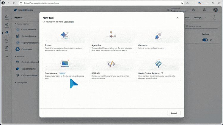 A GIF demonstration of the computer use tool in Microsoft Copilot Studio being used for an invoice processing task.
