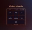Blue and red gradient background with a graphic, square chart showing various components of Windows AI Foundry