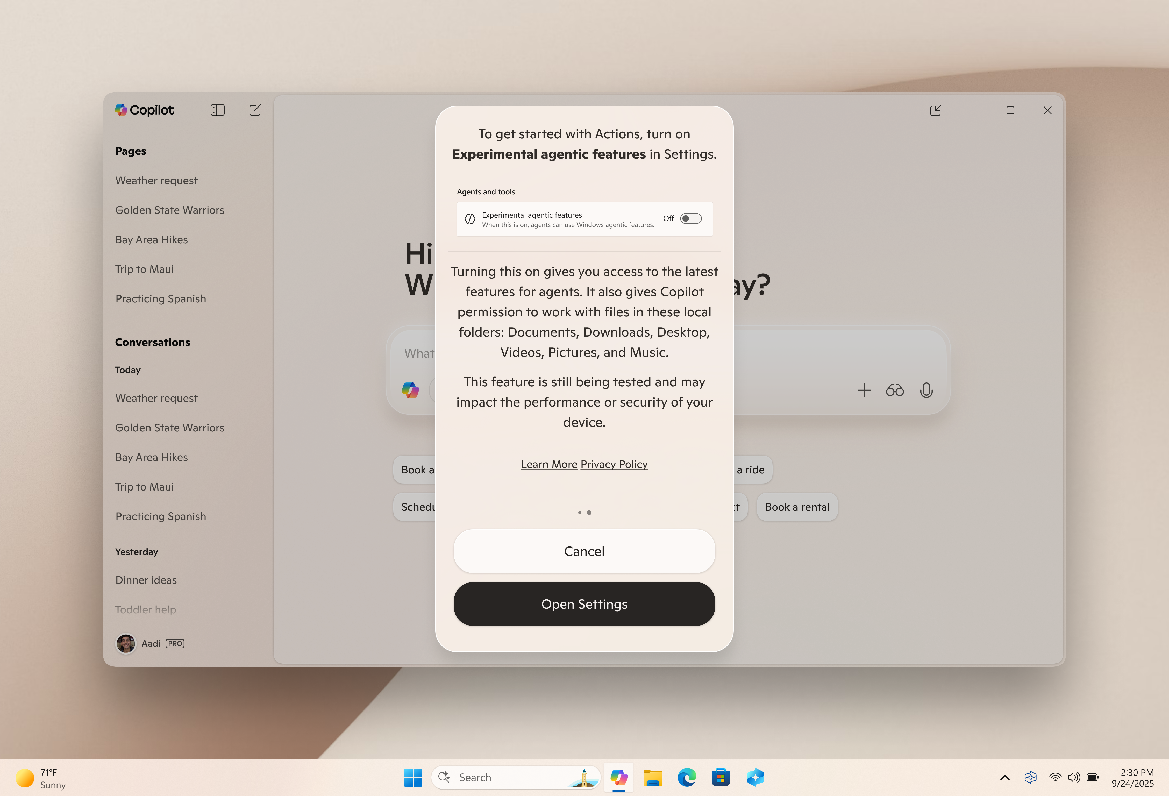 Windows 11 desktop with the Copilot app on Windows open, showing a notification that prompts users to get started with actions, and to turn on Experimental agentic features in Settings.