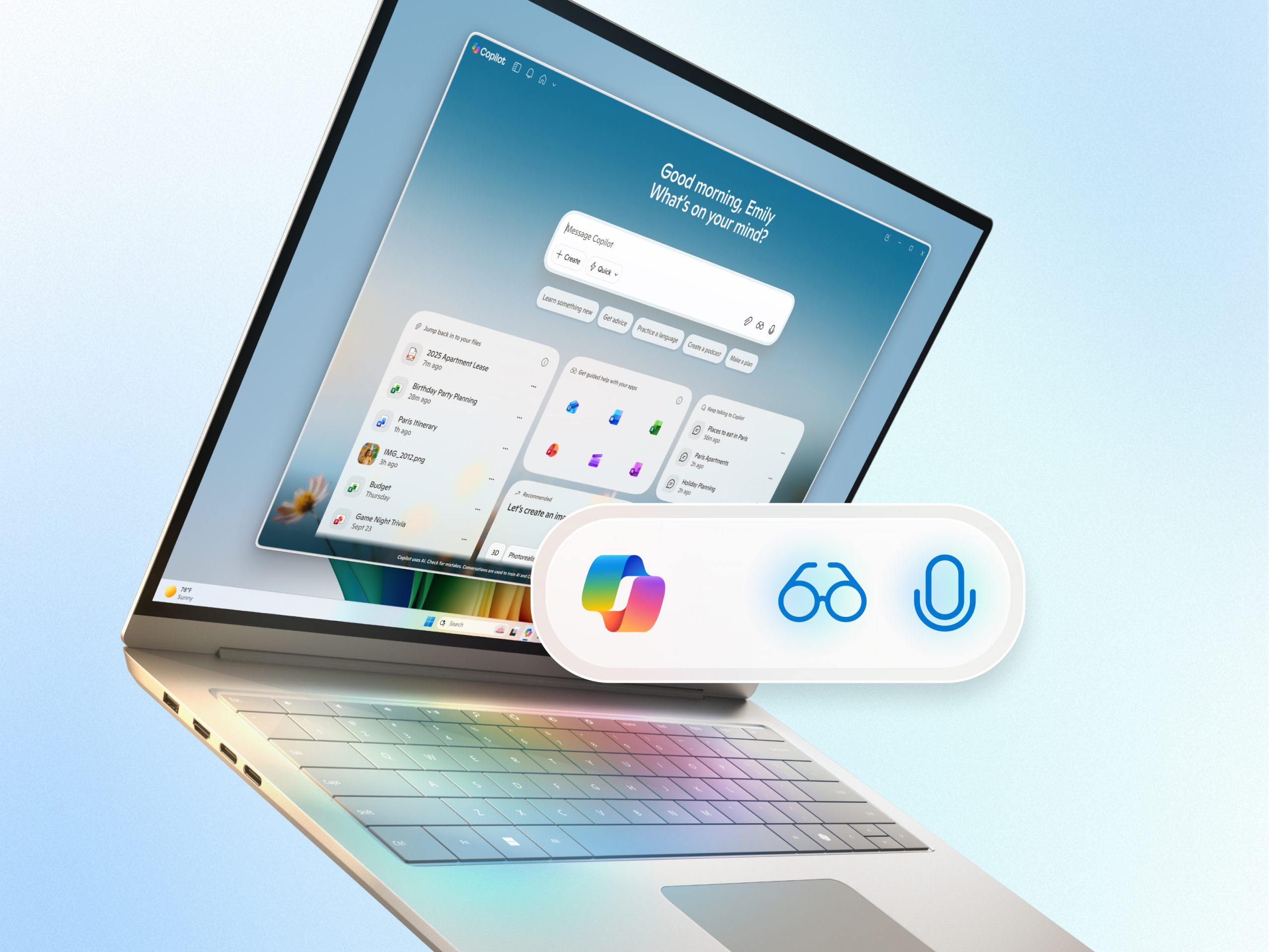 Windows 11 PC tilted open from a left angle, with an icon bubble that includes the Copilot logo and a microphone and glasses symbol
