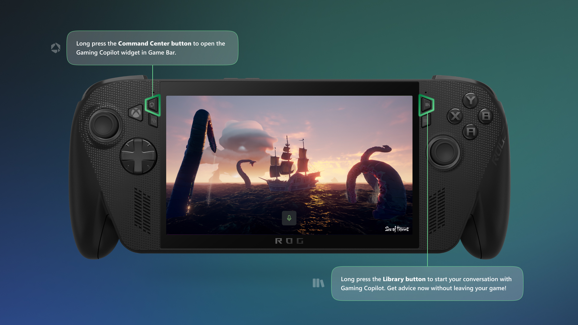 Image showing Gaming Copilot being invoked by voice on the ROG Xbox Ally handheld device and demonstrating how to long press the buttons to start a conversation.
