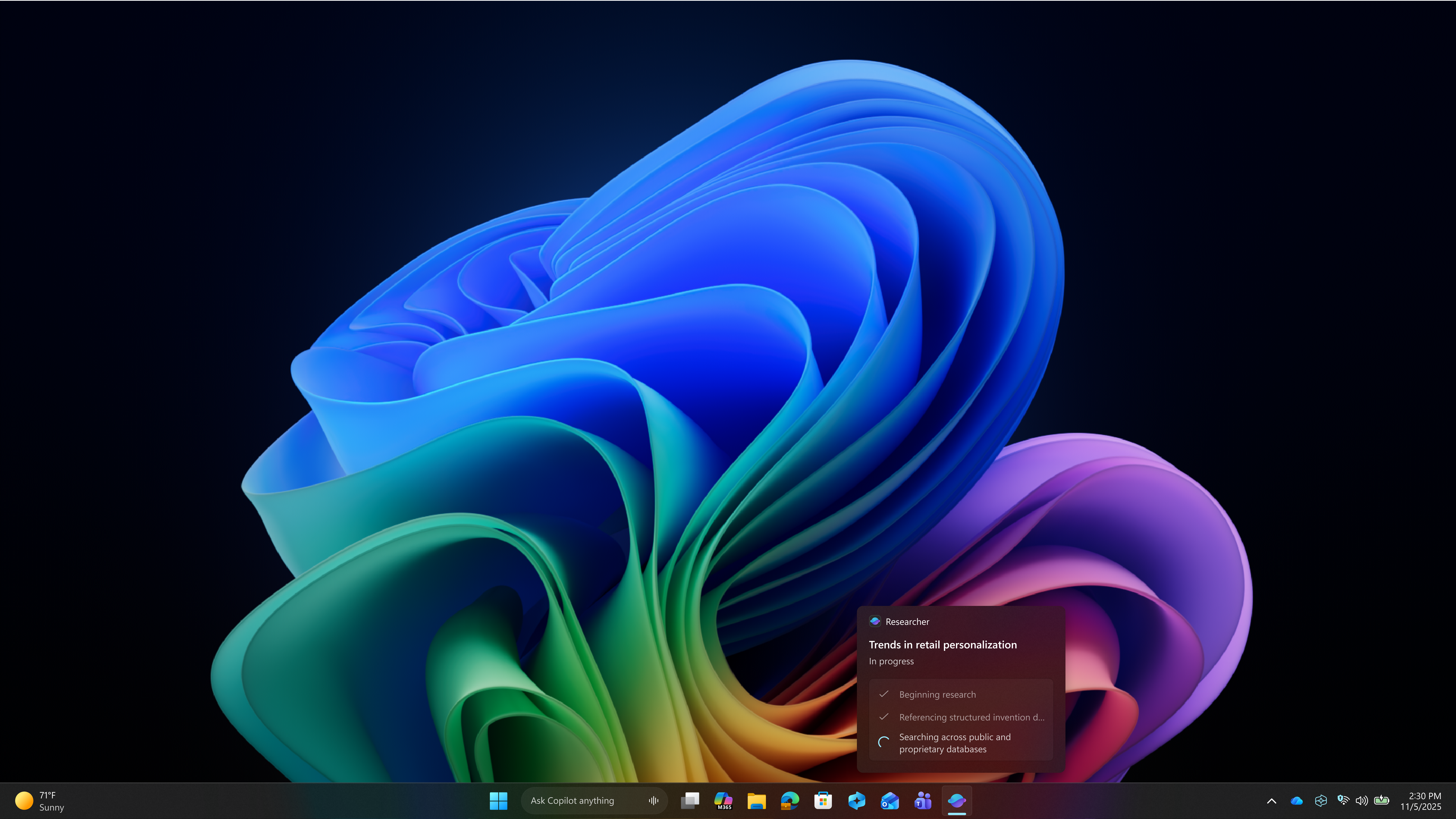 Windows home screen showing a pop up of Researcher from the task bar.
