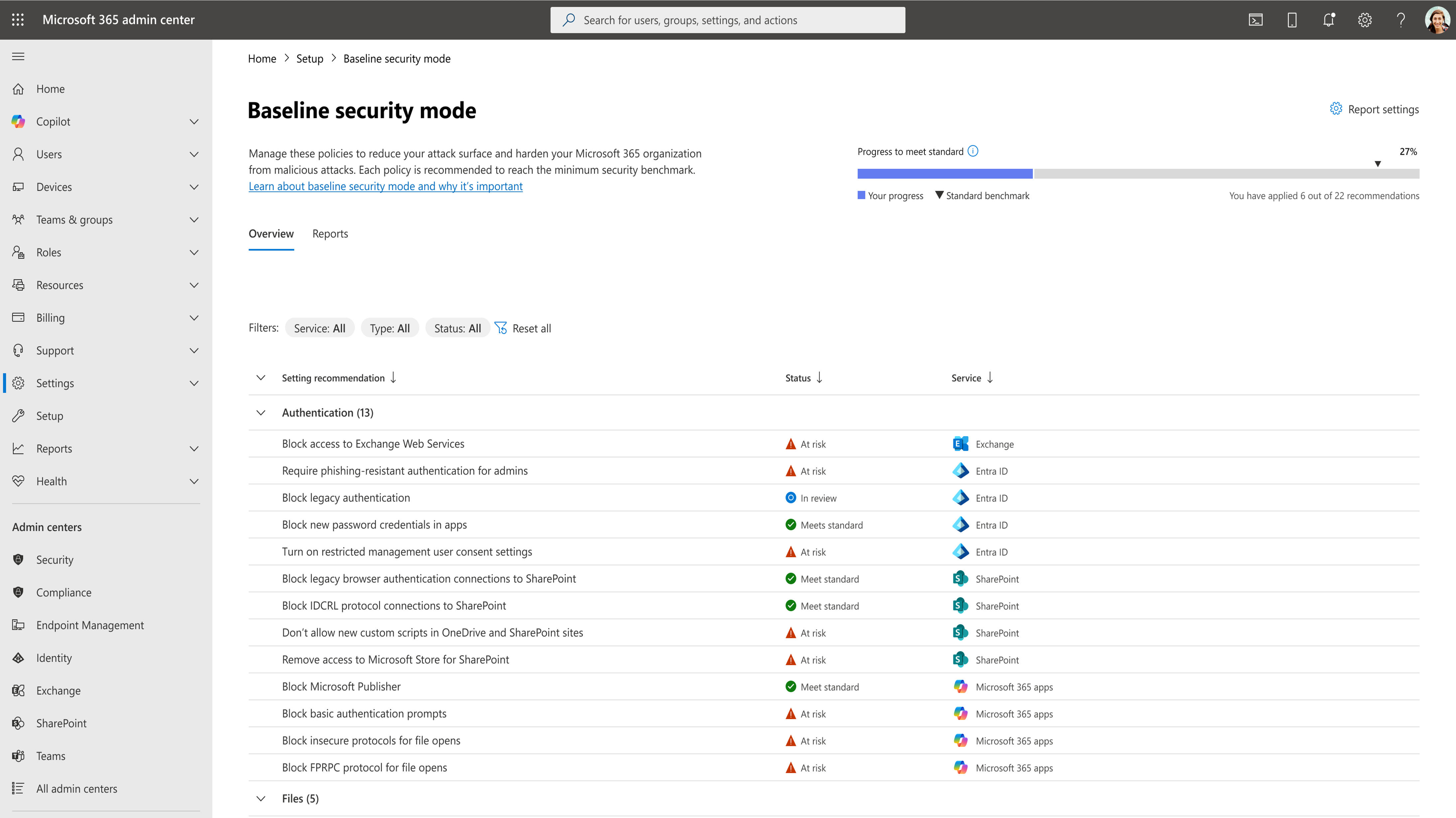 Screenshot of Baseline security mode in the Microsoft 365 admin center.