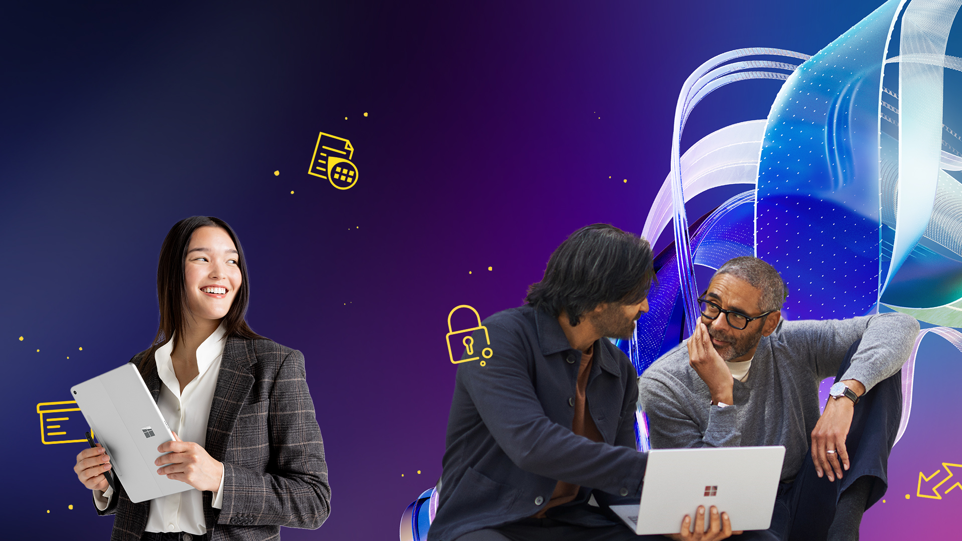 An image creative that shows a woman in a blazer smiling, and two men holding a laptop and in discussion.