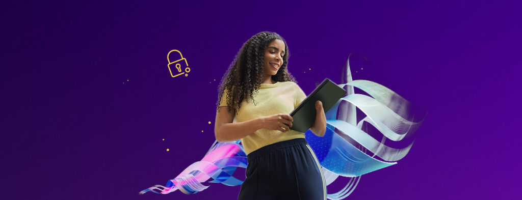 A woman holds a tablet computer, on a background of colorful shapes.