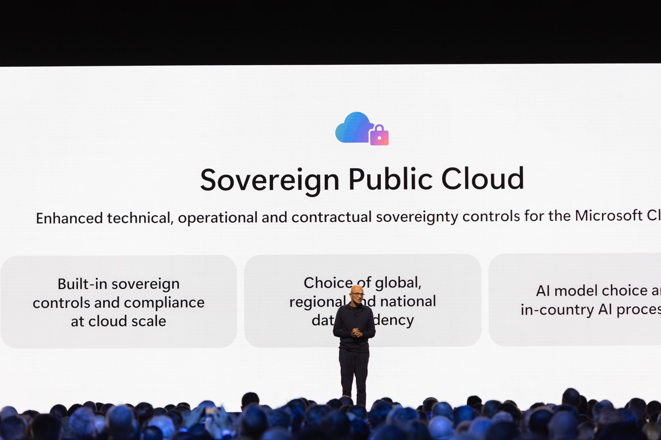Satya Nadella in front of a Sovereign Public Cloud backdrop while discussing Microsoft’s AI transformation vision.