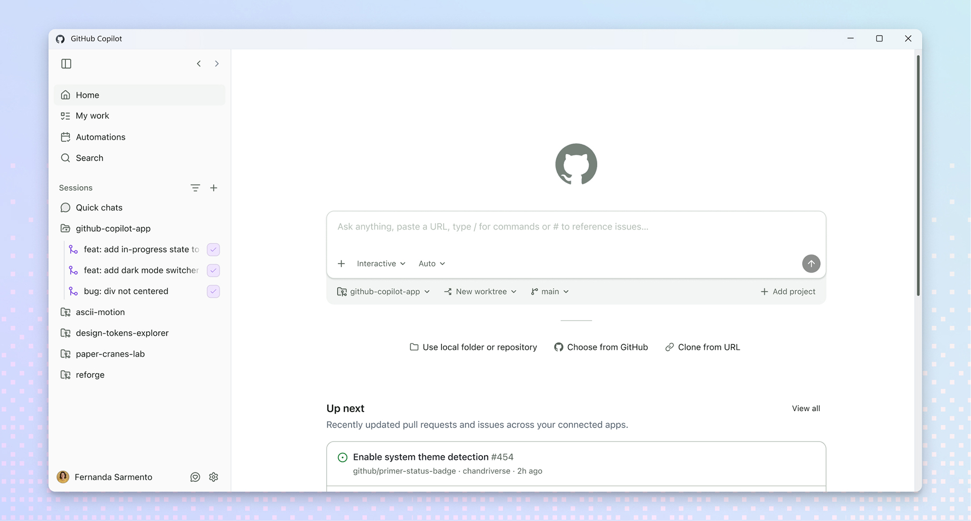 GitHub Copilot app interface highlighting project navigation, interactive prompt field, and recent development activity.