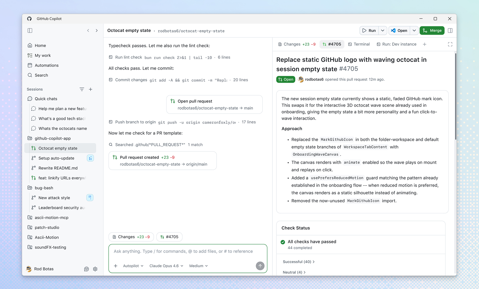 GitHub Copilot app showing pull request workflow with code changes, PR details, and status checks.